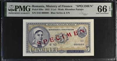 5 lei 1952 PMG66 specimen UNC bancnota gradata foto