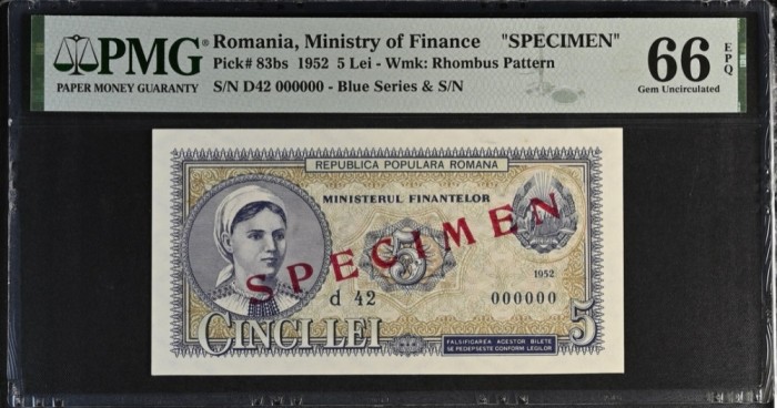 5 lei 1952 PMG66 specimen UNC bancnota gradata