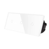 Intrerupator touch simplu x 3 cu indicator luminos, Luxion LX-ST-101/101/101-W, incastrat, rama din sticla inclusa, alb