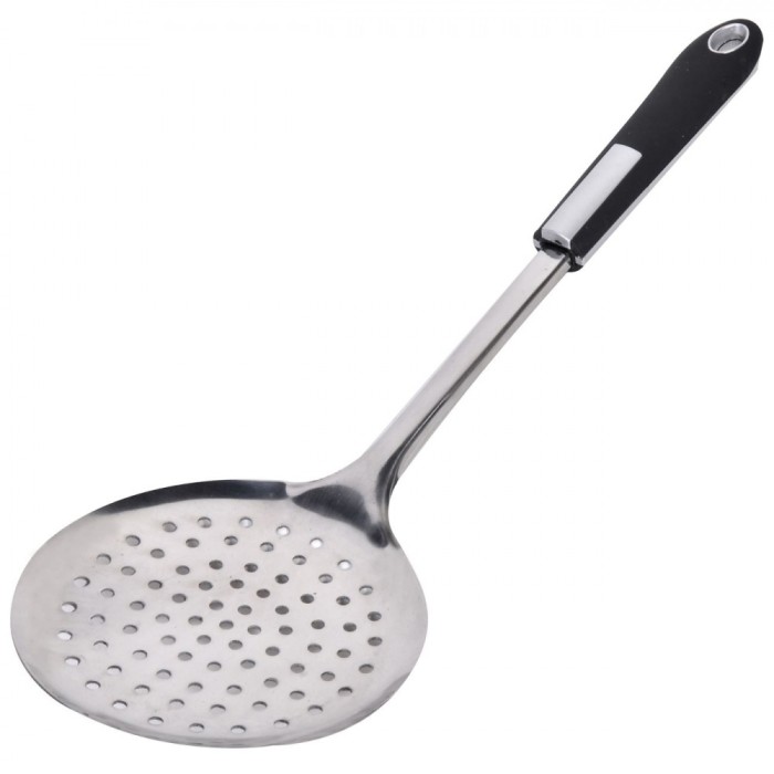 Lingură Perforată Bucătărie, Oțel Inoxidabil, M&acirc;ner Negru, Lungime 35cm