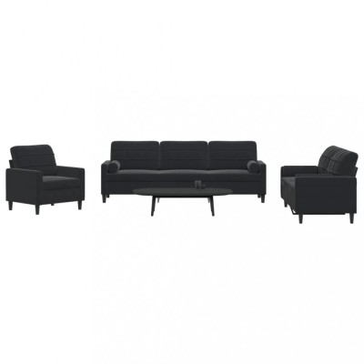 vidaXL Set de canapele cu perne/rulouri, 3 piese, negru, catifea foto