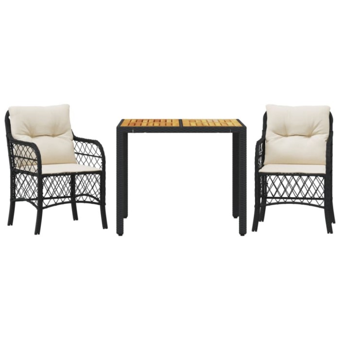 Set bistro cu perne, 3 piese, negru, poliratan