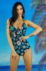 Costum de baie intreg dama, uscare rapida, Negru+Albastru, print floral, cupe cu burete, prindere gat, marimi S-XL
