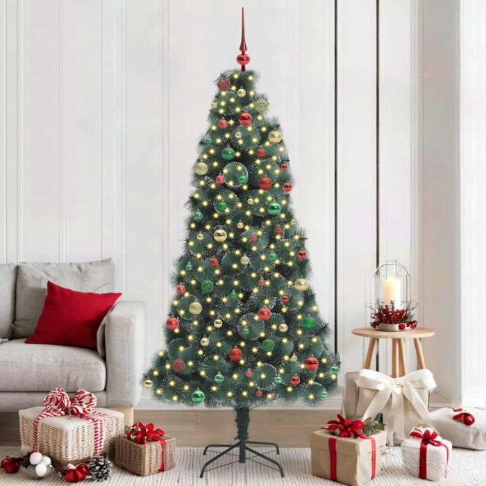 Brad de Crăciun artificial cu lumini, set cu globuri 210 cm