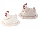 Cumpara ieftin Set 2 platouri din ceramica alba bej cu capac model Gaini 19x16x13 cm