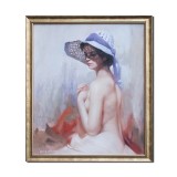 Tablou seminud pictat manual inramat, In razele soarelui, 65x55cm ulei pe panza, delicat, Mircea Iordache