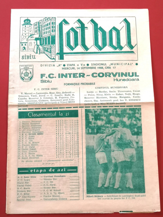 Program meci fotbal FC INTER SIBIU - CORVINUL HUNEDOARA (14.09.1988)