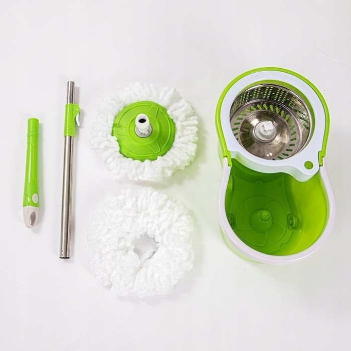 Set mop si galeata, din plastic/metal, cu 2 rezerve mop incluse, cu stoarcere centrifuga, verde/alb