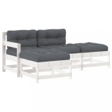 Cumpara ieftin Set mobilier de gradina cu perne, 4 piese, alb, lemn masiv