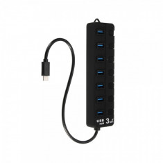 Hub usb Type-c cu 7 porturi USB 3.0 intrerupator cu led high speed, negru foto