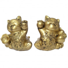 2 Pisici Maneki Feng Shui, obiect decor casa sau birou, set pentru bani și prosperitate, rășină aurie 6 cm