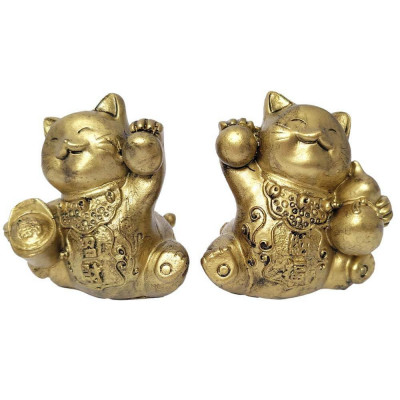 2 Pisici Maneki Feng Shui, obiect decor casa sau birou, set pentru bani și prosperitate, rășină aurie 6 cm foto