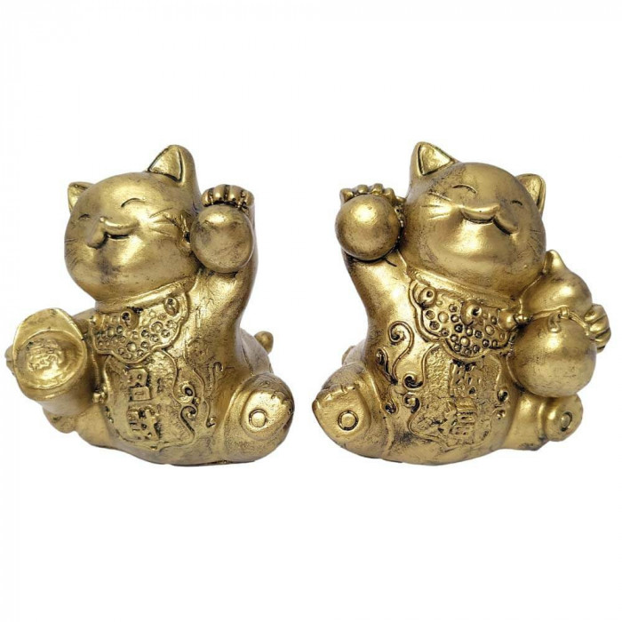 2 Pisici Maneki Feng Shui, obiect decor casa sau birou, set pentru bani și prosperitate, rășină aurie 6 cm