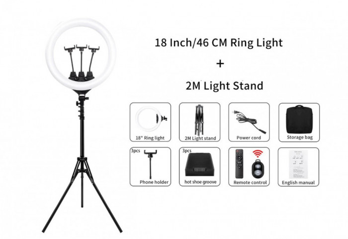 Lampa circulara profesionala 45cm/18inch + trepied 200 cm + accesorii