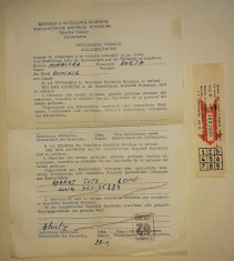 Declaratie vamala RSR pentru aparat fotografic LOMO, formular bilingv romana /germana completat olograf, Bilet RATC 50 bani Rep. Socialista Rom&acirc;nia