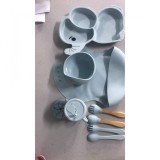 S 10 piese diversificare bebelusi si copii din silicon flippy, baveta, farfurie compartimentata cu ventuza, bol cu ventuza, tacamuri din lemn si silic