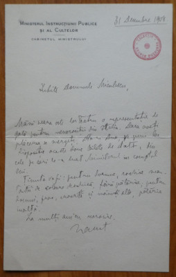 Scrisoare Spiru Haret , pe hartie cu antet , 1908 foto