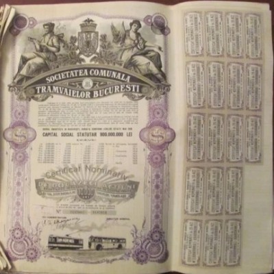 GE - 20 actiuni 10000 lei total &amp;quot;Societatea Comunala a Tramvaielor Bucuresti&amp;quot; 1945 foto