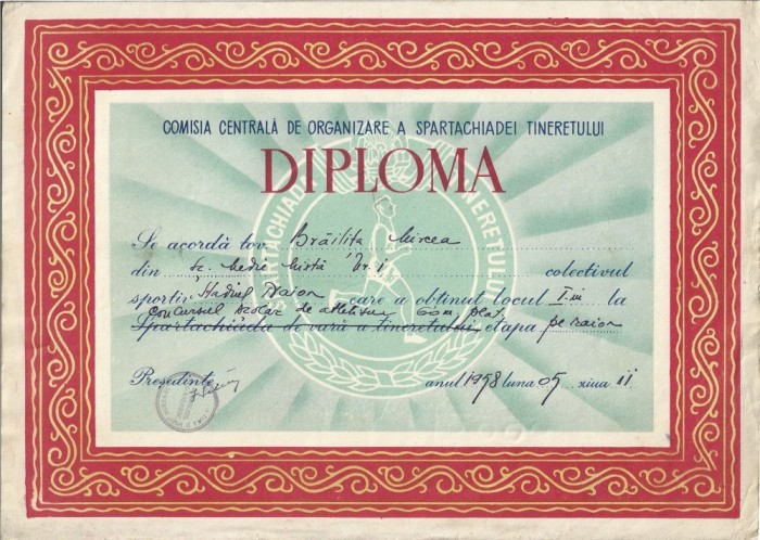 A4064N Diplomă Spartachiada tineretului, 1958