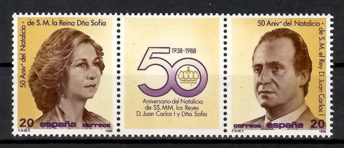 Spania 1988 - 50 de ani de la nașterea ASR Sofia și Juan Carlos, cu vinieta, MNH