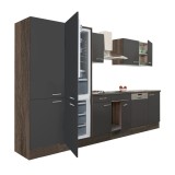 Yorki 340 &ndash; mobilier de bucătărie cu corp din stejar Yorki, fațade antracit cu finisaj satinat, cu dulap cu rafturi și frigider cu congelator &icirc;n parte