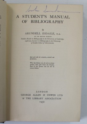 A STUDENT&amp;#039;S MANUAL OF BIBLIOGRAPHY by ARUNDELL ESDAILE , 1932 foto