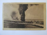 Carte poștala Constanta port-Tancuri petroliere in flacari WWI,cenzurata 1917