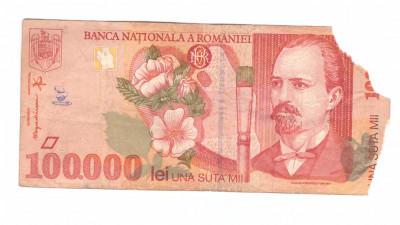 Bancnota 100000 lei 1998, colturi rupte foto