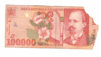 Bancnota 100000 lei 1998, colturi rupte foto