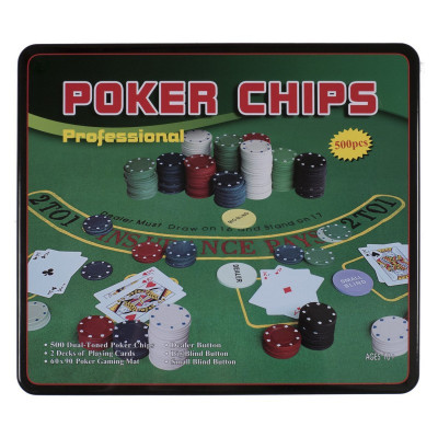 Set Poker Texas Holden negru 500 jetoane, 2 carti, covoras, 3 butoane, cutie foto