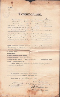 A3342N Certificat de absolvire a Facultății de Teologie din Viena acordat lui Romulus Mioc (viitor primar Petroșani, prefect județ Hunedoara), 1910 foto