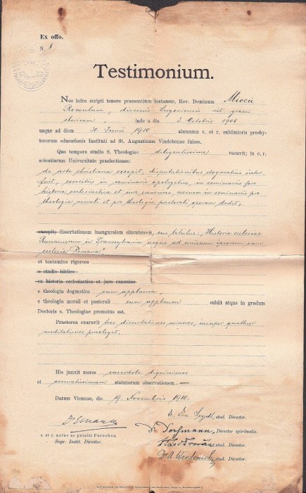 A3342N Certificat de absolvire a Facultății de Teologie din Viena acordat lui Romulus Mioc (viitor primar Petroșani, prefect județ Hunedoara), 1910