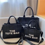 Cumpara ieftin Set 3 Genti Dama Panza Shopper: Small, Medium, Large, Imprimeu, Bumbac, Bej/Negru, Usoara, Portabila