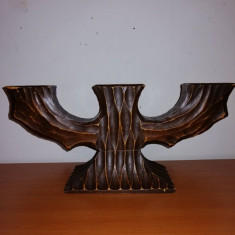 Suport lumanare sfesnic 3 brate sculptat manual lemn Suedia 27 cm