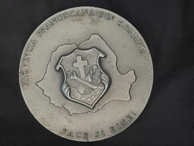 Placheta veche,PROVINCIA FRANCISCANADIN ROMANIA-FAX ET BONUM-PACE SI BINE-placat foto