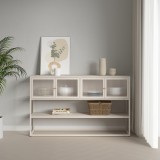 Sideboard S&auml;kyl&auml; mit 4 Glast&uuml;ren 150x38x90 cm Stahl Kamelfarben [en.casa]