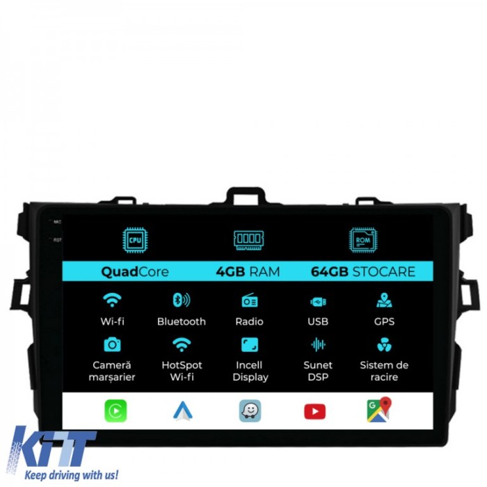 Navigatie Dedicata Toyota Corolla (2006-2013),QuadCore, 9Inch, 4Gb Ram, 64Gb Stocare, Carplay Performance AutoTuning