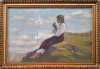 Ioan A. BERTOLON (1898-1991)-T&acirc;nără cu flori &icirc;n m&acirc;ini, pe st&acirc;ncă, pictură interbelică, Scene gen, Ulei, Realism