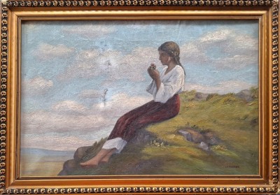Ioan A. BERTOLON (1898-1991)-T&amp;acirc;nără cu flori &amp;icirc;n m&amp;acirc;ini, pe st&amp;acirc;ncă, pictură interbelică foto