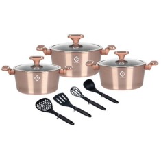 Set 10 piese 3 vase Gatit Aluminiu Marmorat Inductie Grunberg GR2718G Auriu