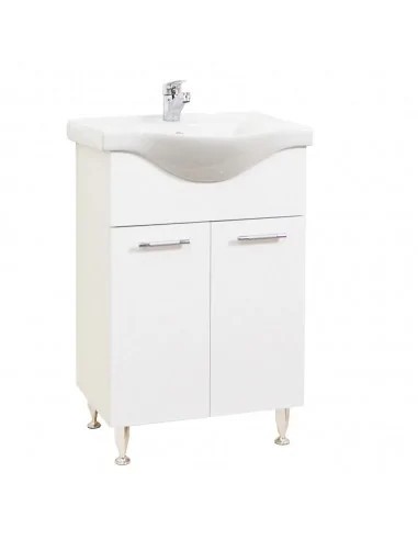Baza si lavoar ceramic GN1531, mobilier baie stativ 60 cm, front MDF, 2 usi, balamale soft close, picioare cromate reglabile, alb