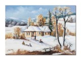 Tablou peisaj de iarna pictat manual, iarna pe ulita, 70x50cm ulei pe panza, Constantin Feraru