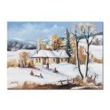 Tablou peisaj de iarna pictat manual, iarna pe ulita, 70x50cm ulei pe panza, Constantin Feraru