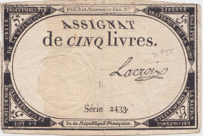 FRANTA ASIGNATA ASSIGNAT 5 LIVRES NOIEMBRIE 1793 SIGN. Lacroix F foto