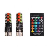 Set 2 Becuri LED Auto Pozitie T10 RGB Colorate cu Telecomanda 12V, Efecte Stroboscop Flash Fade