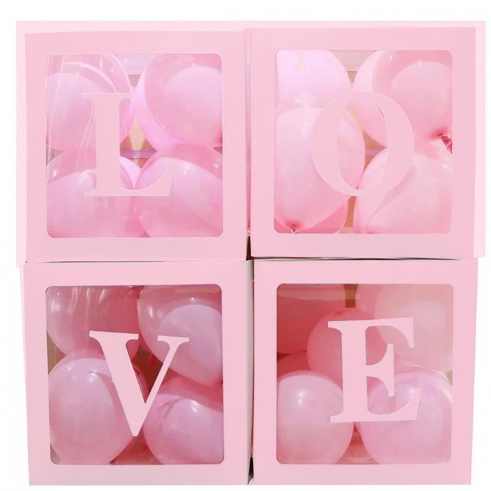 Set 4 cutii pentru baloane, flippy, model scris love, tematica iubire, cuburi decorative din plastic, accesorii pentru petrecere, 30 x30 cm, transpare