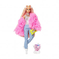 Papusa Fashion Barbie Extra Mattel, plastic/textil, jacheta pufoasa, accesorii incluse, animalut inclus, 3 ani+