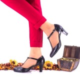 Pantofi dama, eleganti, din piele naturala si piele naturala lacuita, negri, toc 7cm - NAA97CM