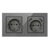 Priza Dubla De Perete Cu 2 Porturi USB Si Panou Din Sticla Techstar&reg; TS-G, 110-250V, 16A, Ignifuga, 80x151mm, Gri