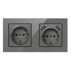 Priza Dubla De Perete Cu 2 Porturi USB Si Panou Din Sticla Techstar&reg; TS-G, 110-250V, 16A, Ignifuga, 80x151mm, Gri